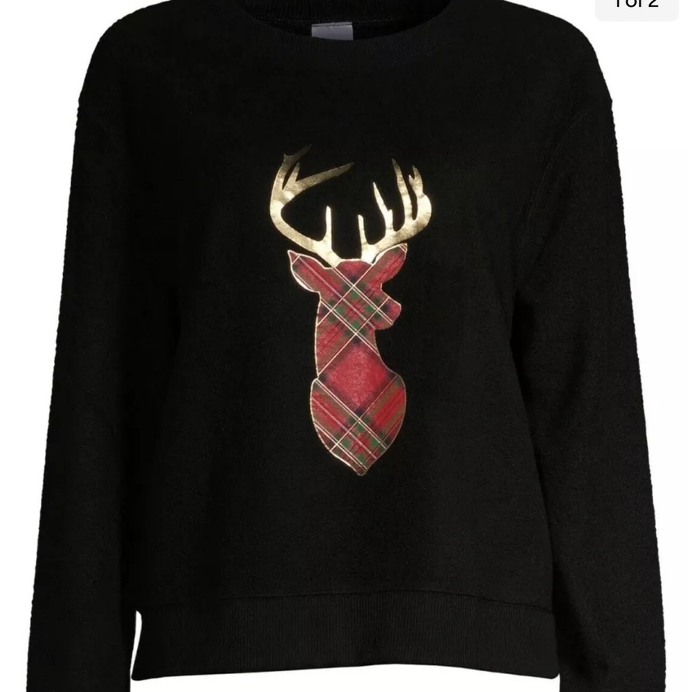 Juniors Small 3 - 5 Black Sweatshirt with Plaid Reindeer with Gold Antlers